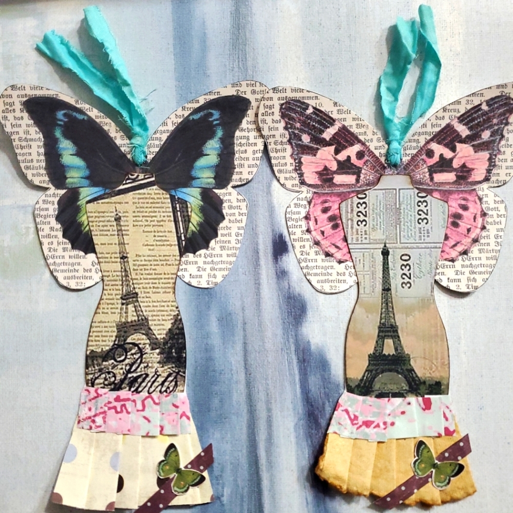 😀 HAND CRAFTED Set of 2 paper butterfly collage bookmarks